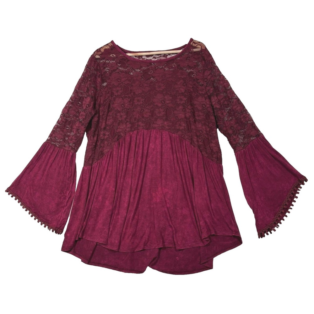 Signature Studio Blouse Burgundy Lace Bell Sleeve Boho Peasant Romantic Plus 1X